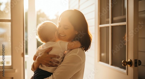 Mother embraces baby near doorway with golden sunlight and door handle