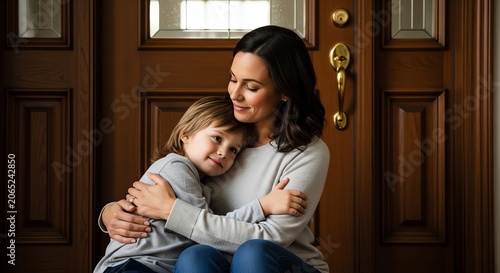 Mother embracing child near dark wood door with glass pane