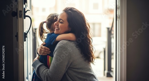 Mother embracing daughter at doorway with doorway details