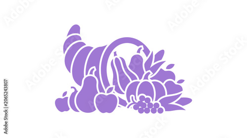 Purple Thanksgiving Cornucopia Illustration with Harvest Fruits and Vegetables