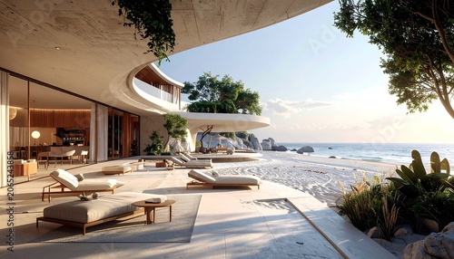 A modern, curved beachside house with a patio and lounge chairs