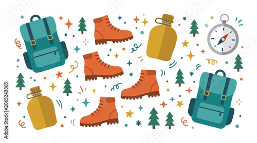 Camping and hiking gear with boots backpacks and compass.