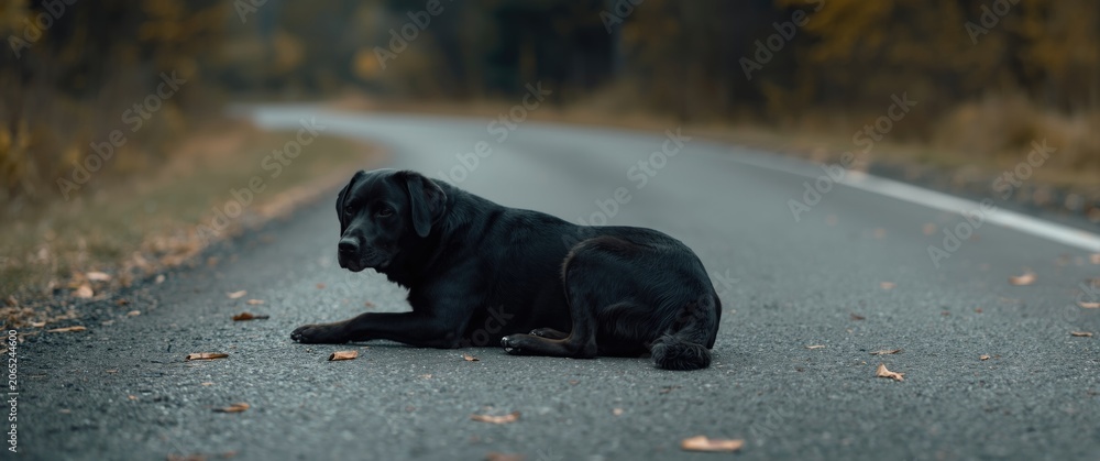Fototapeta premium Black dog lying on the road surrounded by autumn foliage