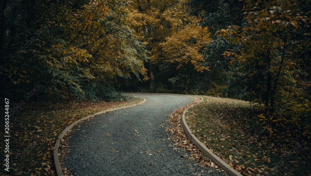 Naklejka premium Winding path through a forest with autumn foliage