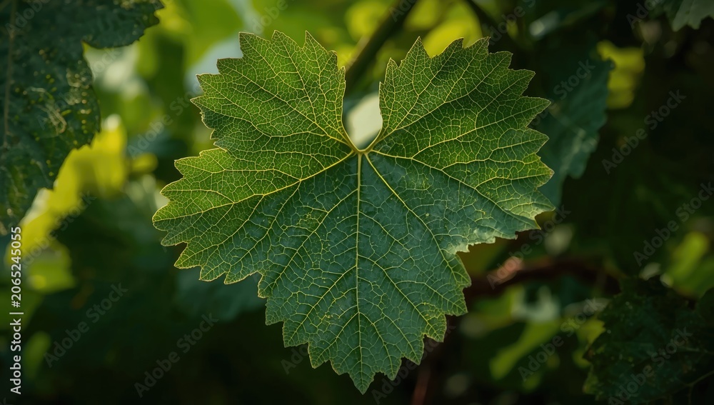 Fototapeta premium Green grape leaf with visible leaf veins on a vine