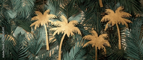 Gold palm trees on a green leaf background