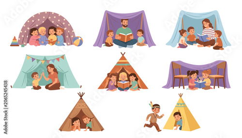 Obraz na plátně Happy children and parents playing inside cozy home blanket tents