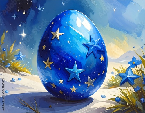 A large blue egg with gold and blue stars sits on a sandy beach with grass and sparkles
