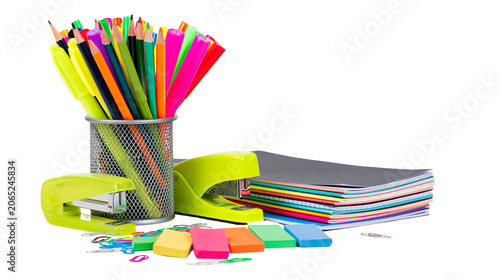 фотографія Desk supplies colorful pencils markers erasers staplers notebooks, paper clips