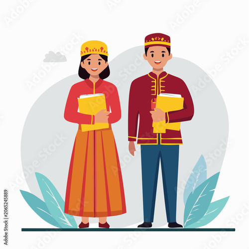Couple in Traditional Indonesian Attire Holding Books