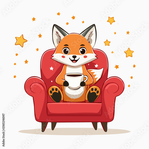 Cute Fox Sitting in Armchair with Coffee Cup and Stars