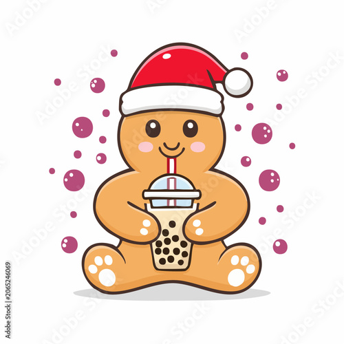 Cute Gingerbread Man with Santa Hat Drinking Boba Tea