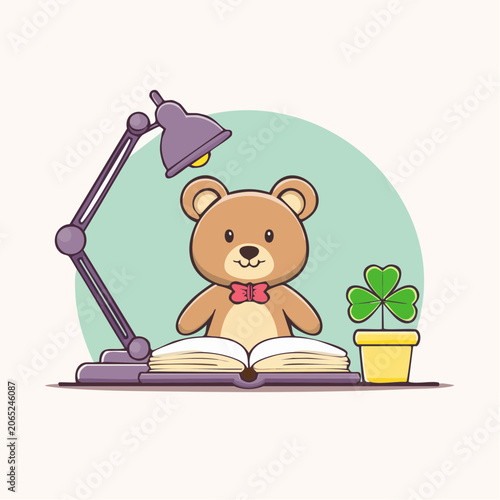 Cute Teddy Bear Reading Book Under Desk Lamp