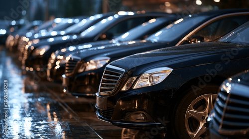 Luxury black sedans lined up in rainy night parking lot with reflections and city lights