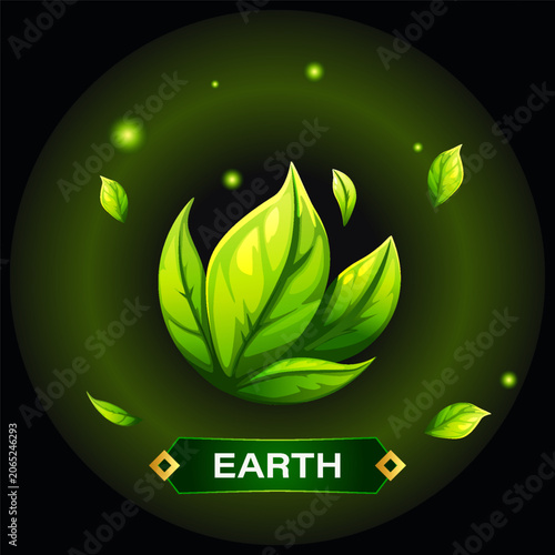 Earth Element Icon with Green Leaves, Fantasy Nature Symbol