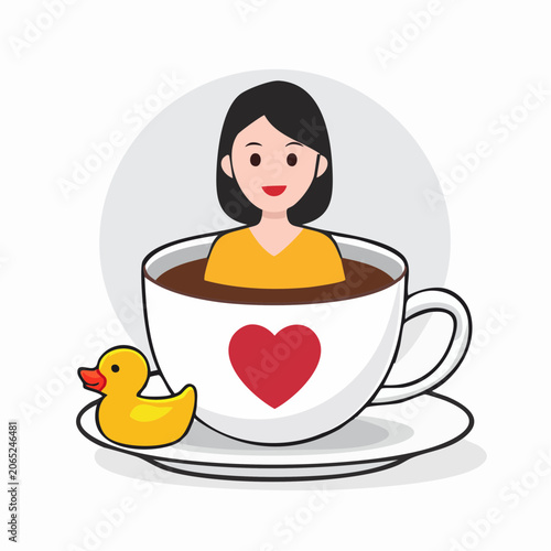 Woman Relaxing in Coffee Cup with Rubber Duck