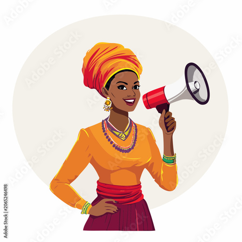Woman in traditional attire speaking into a megaphone