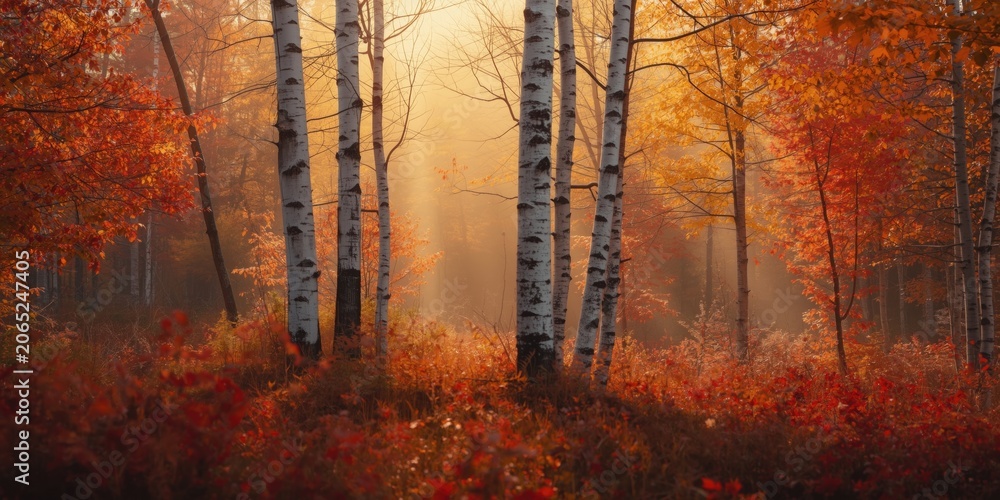 Fototapeta premium Richly colored autumn forest featuring majestic birch trees and distinctive bark textures