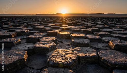 Hexagonal Basalt Rock Formation Sunset