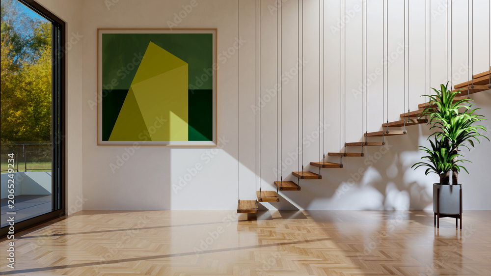 Obraz premium 3D render, illustration Large Luxury modern living room interior, brutalist architecture realistic lighting, Graphic Overlay wide angle, contemporary furniture, clean lines, minimalist decor