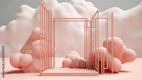 Modern product display podium with metallic frame gate surrounded by soft sculptural foam clouds in a minimalist pastel setting minimalist platform abstract