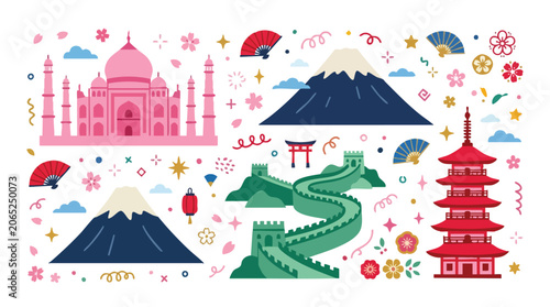 Collection of Famous Asian Landmarks and Cultural Symbols.