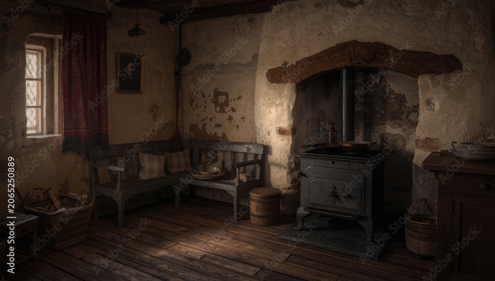 Obraz premium Old fashioned medieval kitchen interior with stove bench and broom in cabin