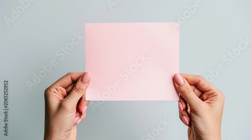 Woman's hands cleanly holding a blank pink paper sheet, offering ample empty space for text, message, or design