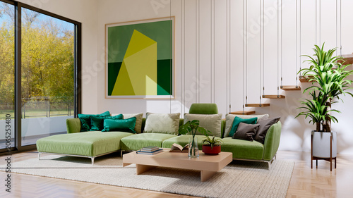 3D render, illustration Large Luxury modern living room interior,  brutalist architecture realistic lighting,  Graphic Overlay wide angle, contemporary furniture, clean lines, minimalist decor