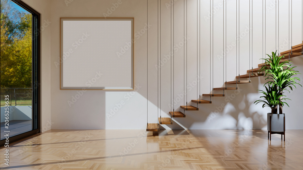 Fototapeta premium 3D render, illustration Large Luxury modern living room interior, brutalist architecture realistic lighting, Graphic Overlay wide angle, contemporary furniture, clean lines, minimalist decor