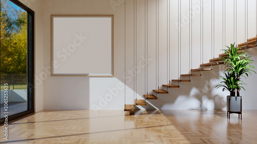 3D render, illustration Large Luxury modern living room interior,  brutalist architecture realistic lighting,  Graphic Overlay wide angle, contemporary furniture, clean lines, minimalist decor
