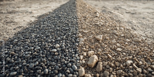 Close perspective on piles of fine grey gravel and light brown sand with varied rocks outdoors