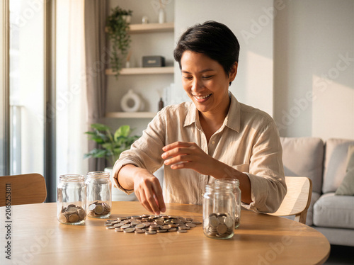 Smiling person organizing and saving money in glass jars at home