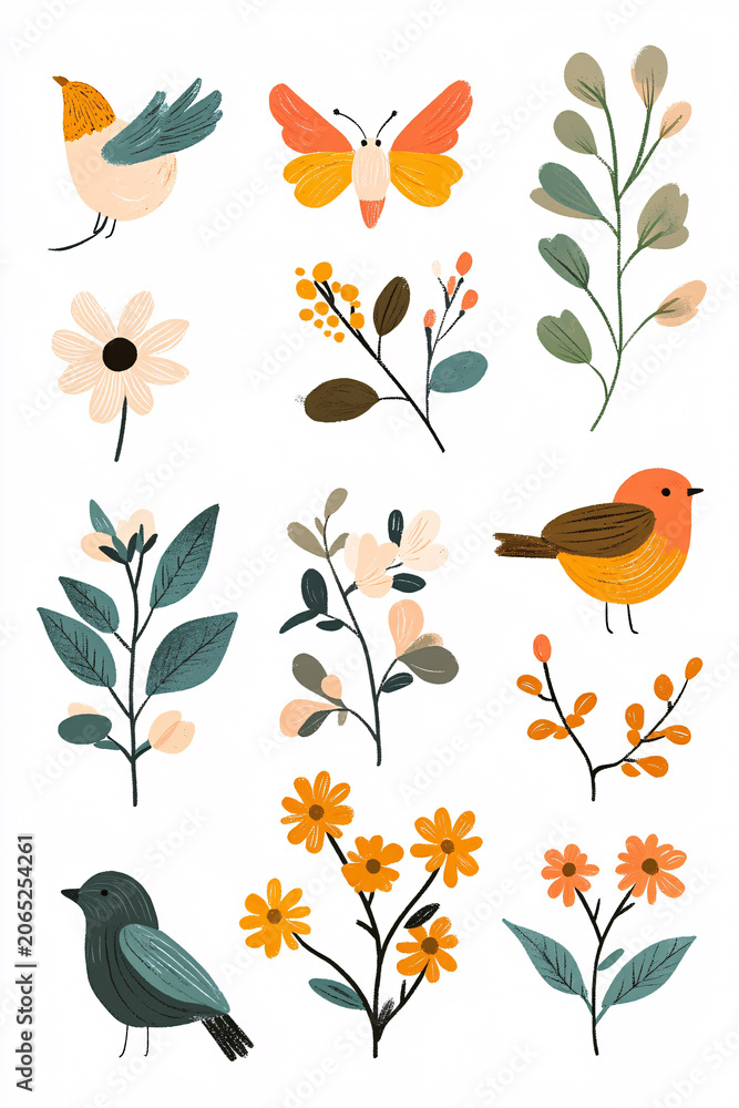 Obraz premium Colorful Floral & Bird Illustration