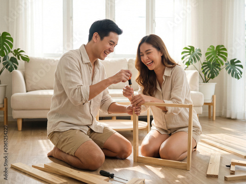 Happy couple assembling wooden furniture at home