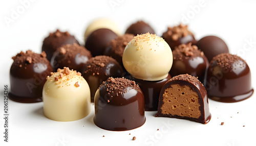 Assorted gourmet chocolate truffles with white and dark cocoa shells, chocolate