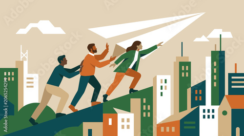 Canvas Print Business leader leading team to launch a giant paper airplane over city building