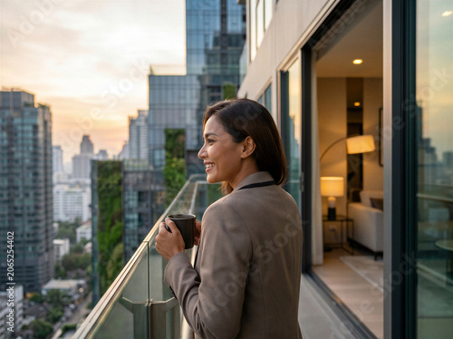 Business woman drinking coffee on luxury apartment balcony at sunset