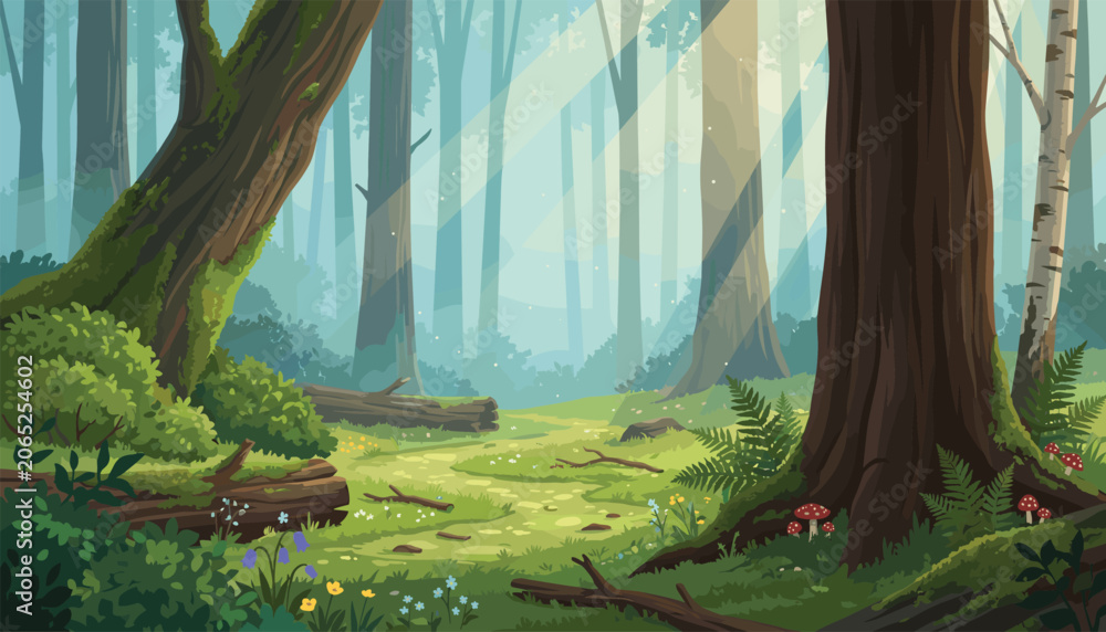 Fototapeta premium Enchanted forest landscape banner with sun rays shining through trees. Old trunks, green moss, ferns, mushrooms, wildflowers, fallen logs.
