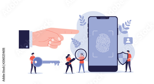 Mobile phone security concept showing a large fingerprint scan on a screen with small people holding a key, a shield, and a magnifying glass.