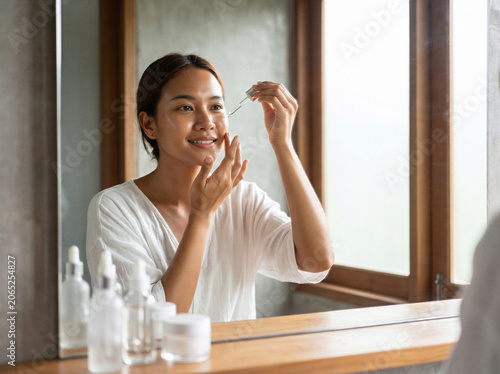 Young woman applying facial serum in bathroom mirror