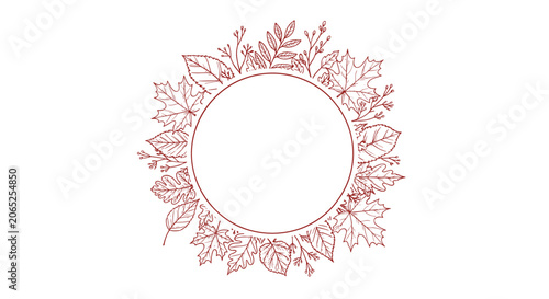 Decorative circular frame composed of various hand-drawn autumn leaves and twigs in a warm reddish-brown color on a plain white background.