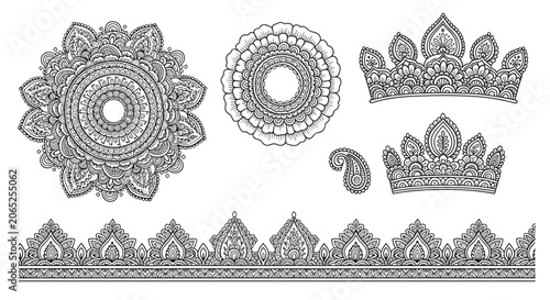 Beautiful collection of hand-drawn black and white mandala patterns, crowns, and ornate borders with intricate traditional details.