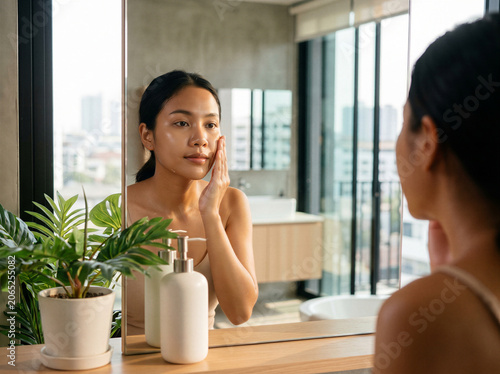 Young woman applying skincare serum in front of a bathroom mirror