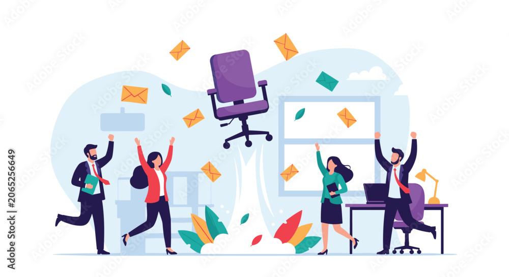 Fototapeta premium Enthusiastic office team celebrating a major success while an office chair launches like a rocket into the air.