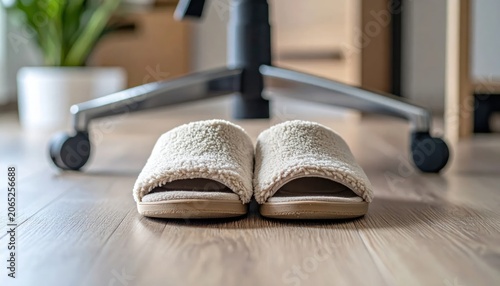 Fuzzy slippers rest before an office chair on a wood floor, near a plant