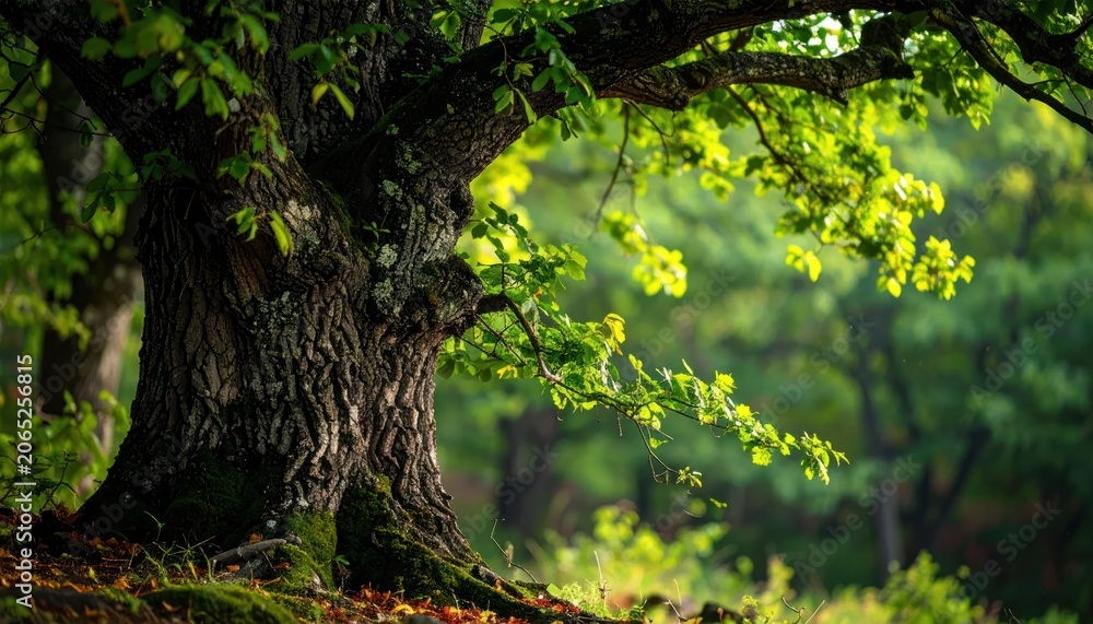 Fototapeta premium A majestic tree dominates the frame, its rough bark and lush leaves contrasting with a blurred forest background