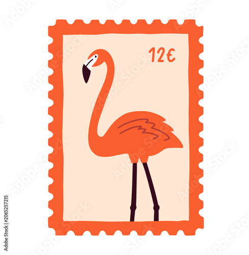 Flamingo post stamp. Tropical bird, exotic summer, Hawaii fauna. Postal mark ...