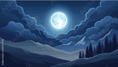 Photos Night mountain landscape banner with full moon shining through clouds