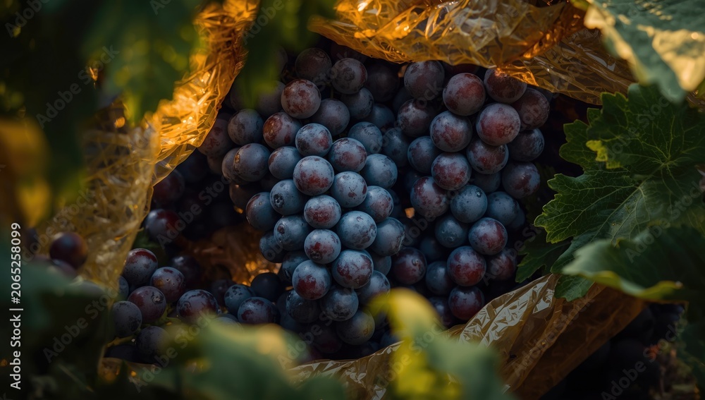 Fototapeta premium Sweet grape clusters guarded within protective wrap for picking